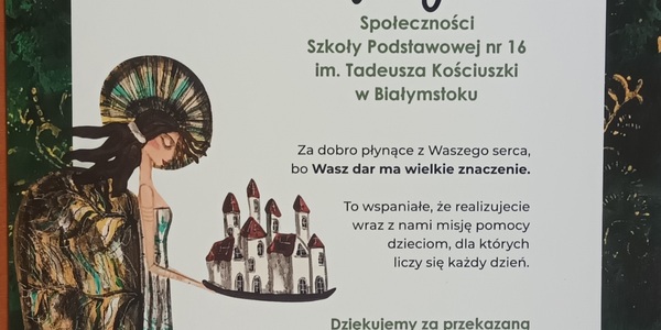 dyplom z podziękowaniem za zebrane datki