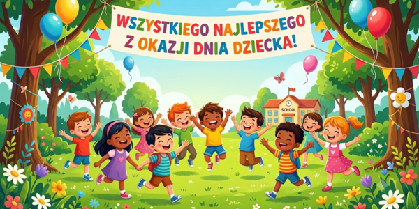 Żywa, kolorowa ilustracja wektorowa przedstawiająca grupę dwanaściorga różnorodnych, roześmianych i skaczących dzieci świętujących na zielonej, kwiecistej łące w parku przed budynkiem szkoły. Nad nimi rozciągnięty jest duży baner z wyraźnym napisem po polsku: "WSZYSTKIEGO NAJLEPSZEGO Z OKAZJI DNIA DZIECKA!". Scena jest udekorowana licznymi kolorowymi balonami (niebieskimi, żółtymi, czerwonymi, różowymi), girlandami z chorągiewek i małymi słonecznymi ozdobami zawieszonymi na drzewach. W tle, po prawej stronie, widać budynek szkoły z wieżyczką zegarową i małym napisem "SZKOŁA". Niebo jest niebieskie z białymi chmurami, a park pełen jest zielonych drzew i kwiatów (stokrotki, fioletowe i niebieskie kwiaty). Dzieci są w różnym wieku, mają różną karnację i fryzury, a ich pozy oddają radość i energię.