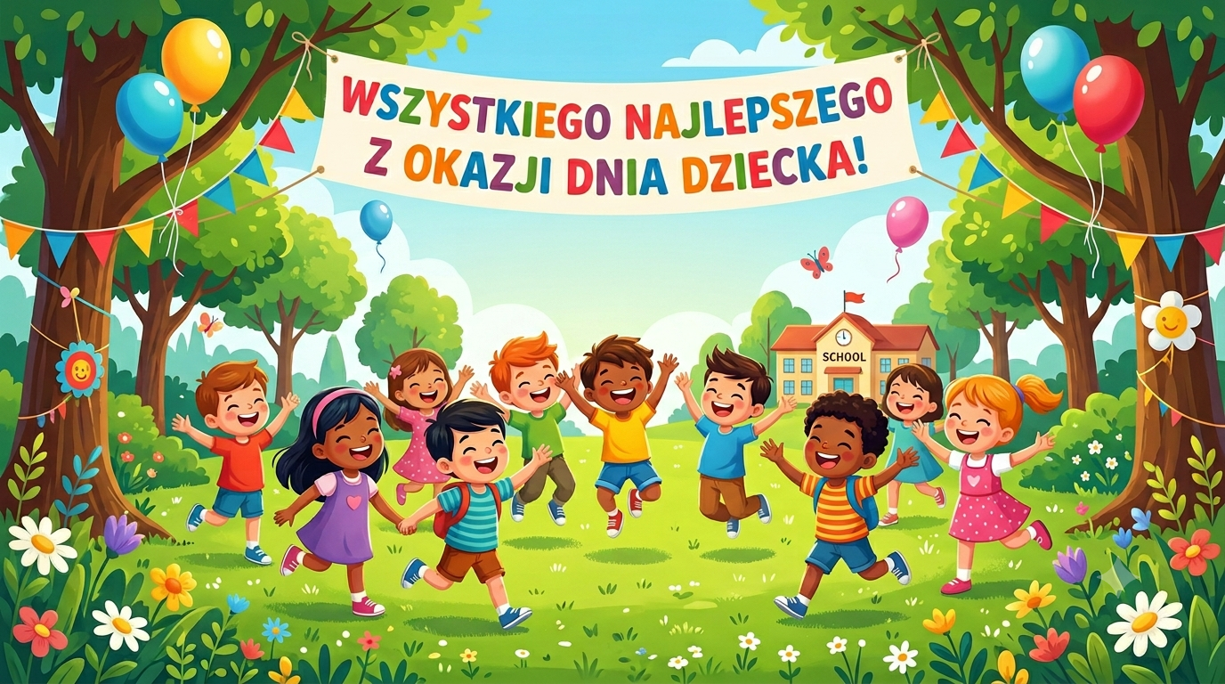 Żywa, kolorowa ilustracja wektorowa przedstawiająca grupę dwanaściorga różnorodnych, roześmianych i skaczących dzieci świętujących na zielonej, kwiecistej łące w parku przed budynkiem szkoły. Nad nimi rozciągnięty jest duży baner z wyraźnym napisem po polsku: "WSZYSTKIEGO NAJLEPSZEGO Z OKAZJI DNIA DZIECKA!". Scena jest udekorowana licznymi kolorowymi balonami (niebieskimi, żółtymi, czerwonymi, różowymi), girlandami z chorągiewek i małymi słonecznymi ozdobami zawieszonymi na drzewach. W tle, po prawej stronie, widać budynek szkoły z wieżyczką zegarową i małym napisem "SZKOŁA". Niebo jest niebieskie z białymi chmurami, a park pełen jest zielonych drzew i kwiatów (stokrotki, fioletowe i niebieskie kwiaty). Dzieci są w różnym wieku, mają różną karnację i fryzury, a ich pozy oddają radość i energię.