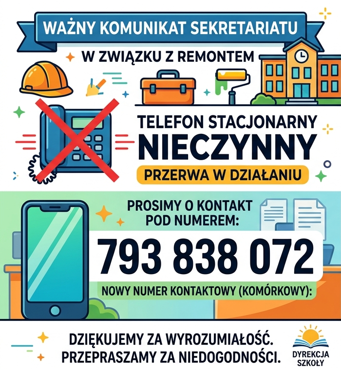Plakat o charakterze informacyjnym ma na celu powiadomienie o przerwie w działaniu telefonu stacjonarnego sekretariatu szkolnego z powodu remontu i podaje alternatywny numer kontaktowy. Grafika jest wykonana w formie przejrzystego plakatu podzielonego na dwie sekcje, o kolorystyce niebiesko-zielono-żółtej.  Górna część plakatu, na jasnoniebieskim tle, ma nagłówek "WAŻNY KOMUNIKAT SEKRETARIATU" (Important Secretariat Announcement). Poniżej znajduje się tekst "W ZWIĄZKU Z REMONTEM" (Due to Renovation) oraz ilustracje przedstawiające budynek szkoły, kask ochronny, pędzel z farbą i skrzynkę z narzędziami. Pośrodku znajduje się duży, czerwony znak "X" przekreślający ikonę starego telefonu stacjonarnego, obok którego widnieje napis "TELEFON STACJONARNY NIECZYNNY" (Landline Telephone Out of Order) oraz mniejszy napis "PRZERWA W DZIAŁANIU" (Operational Break).  Dolna część plakatu, na jasnozielonym tle, ma centralnie umieszczony napis "PROSIMY O KONTAKT POD NUMEREM:" (Please Contact the Number:) i "793 838 072". Poniżej numeru znajduje się mniejszy tekst "NOWY NUMER KONTAKTOWY (KOMÓRKOWY):" (New Contact Number (Mobile):), obok którego widnieje ikona nowoczesnego smartfona. Po prawej stronie widoczny jest mały stos dokumentów i logo "DYREKCJA SZKOŁY" (School Directorate).  Na samym dole plakatu znajduje się zdanie podsumowujące: "DZIĘKUJEMY ZA WYROZUMIAŁOŚĆ. PRZEPRASZAMY ZA NIEDOGODNOŚCI." (Thank you for your understanding. We apologize for the inconvenience.). Całość dopełniają drobne elementy graficzne, takie jak gwiazdki i kropki, dodające plakatowi przyjaznego charakteru.